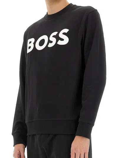 Hugo Boss Relaxed-fit Cotton-terry Sweatshirt With Rubber-print Logo In Black
