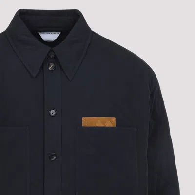 Bottega Veneta Quilted Cotton Overshirt With Front Pocket And Rounded Hem In Blue