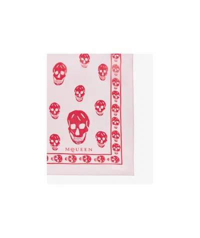 Alexander Mcqueen Silk Skull Print Scarf With Striped Border In Pink