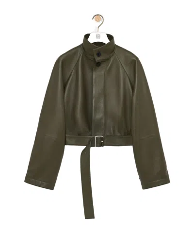 Loewe Womens Khaki Green Belted-hem Leather Jacket In Green