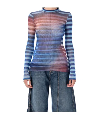 Jean Paul Gaultier Air Print Striped Mesh Crew Neck Top In Multi