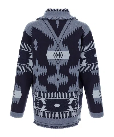 Alanui 'geometric Shawl Collar Cardigan With Fringed Edges' In Blue