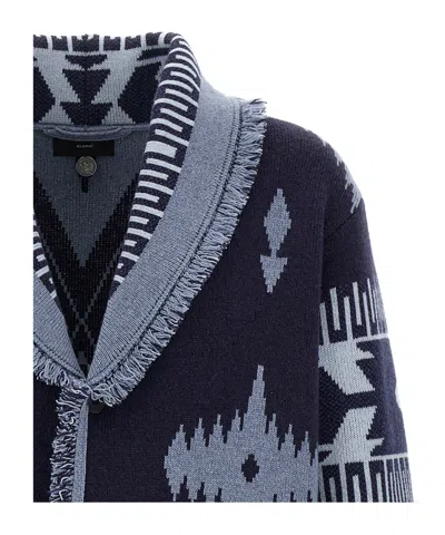 Alanui 'geometric Shawl Collar Cardigan With Fringed Edges' In Blue