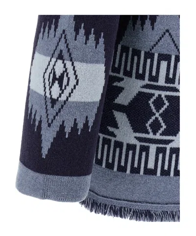 Alanui 'geometric Shawl Collar Cardigan With Fringed Edges' In Blue
