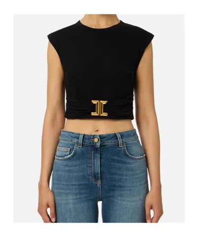 Elisabetta Franchi T-shirt In Jersey Di Cotone Con Logo Gioiello Nera In Black