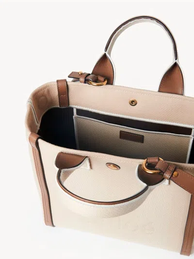 Chloé Carry Small Tote Bag In Beige Striped Canvas