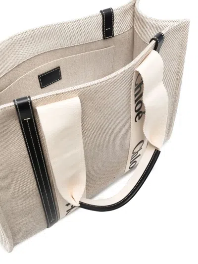 Chloé Woody Medium Canvas And Leather Tote Bag In White