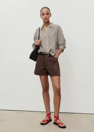 Mango Denim Shorts With Frayed Hem And Pleats Chocolate