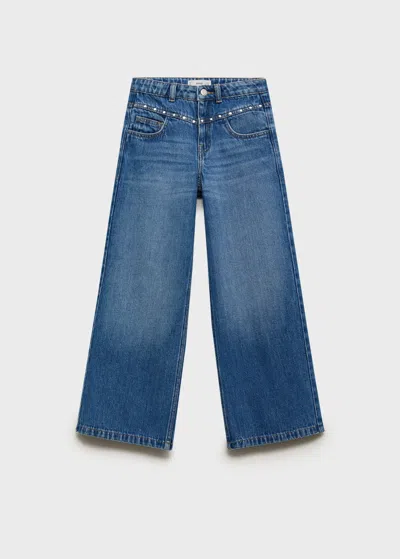 Mango Wide Leg Jeans With Studs Dark Blue In Blue