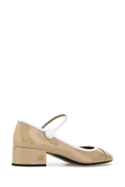 Miu Miu Leather Block Heel Pumps With Round Toe In Brown