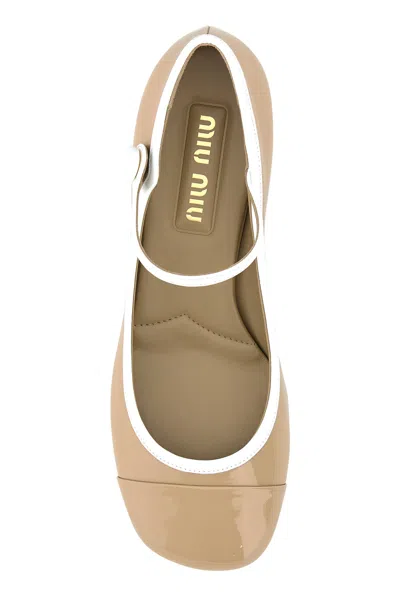 Miu Miu Leather Block Heel Pumps With Round Toe In Brown
