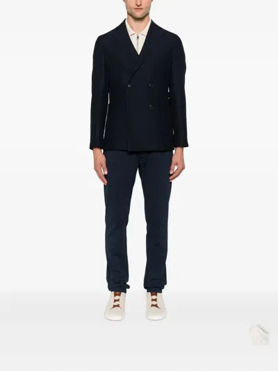 Hugo Boss Double-breasted Blazer In Cotton And Wool Seersucker In Black