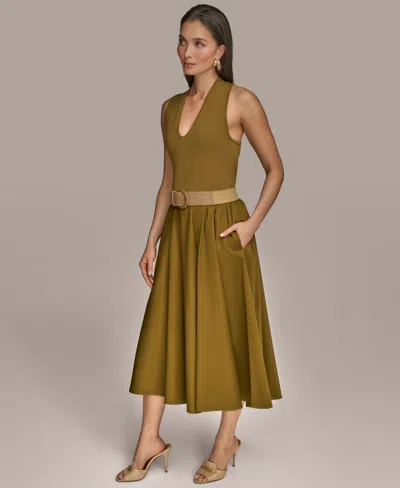 Donna Karan New York Sleeveless Belted Mixed Media Midi Dress