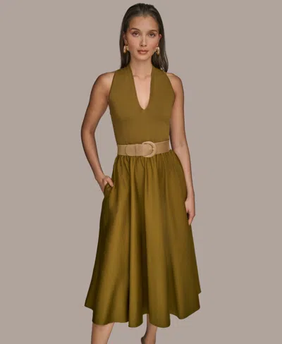Donna Karan New York Sleeveless Belted Mixed Media Midi Dress