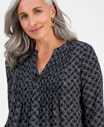 Style & Co Petite Circle-print Split-neck Top, Exclusively At Macy's In Black