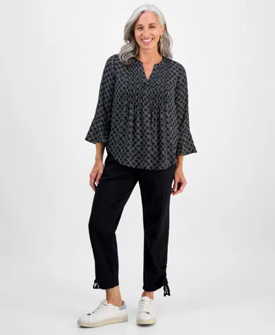 Style & Co Petite Circle-print Split-neck Top, Exclusively At Macy's In Black