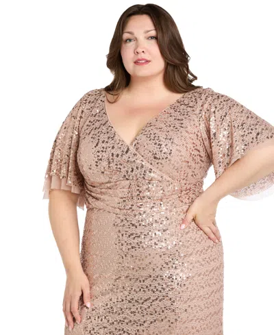 R & M Richards Plus Size Beaded Flutter-sleeve Slit Gown
