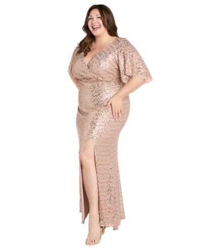 R & M Richards Plus Size Beaded Flutter-sleeve Slit Gown