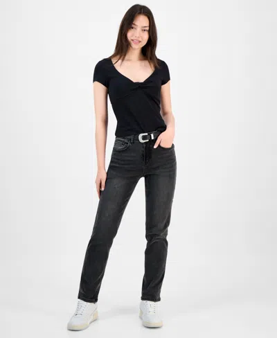 Dollhouse Juniors' Western Belt Relaxed Straight-leg Jeans In Black