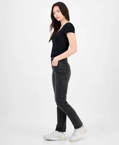 Dollhouse Juniors' Western Belt Relaxed Straight-leg Jeans In Black