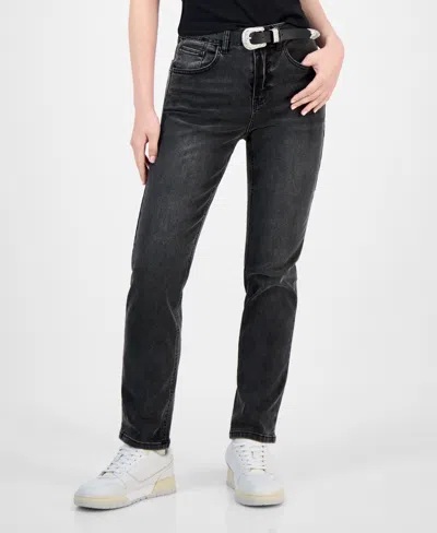 Dollhouse Juniors' Western Belt Relaxed Straight-leg Jeans In Black