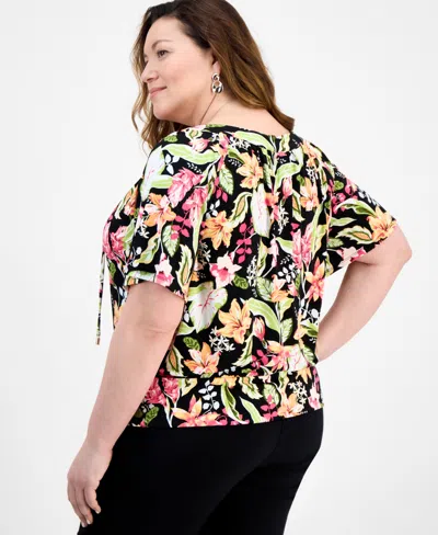 Jm Collection Plus Size Printed Tie Split Neck Top, Exclusively At Macy's