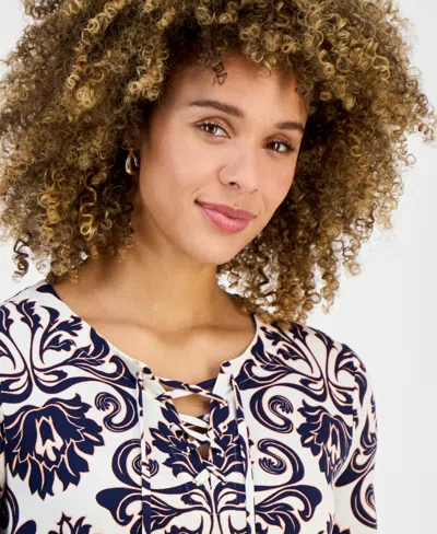 Jm Collection Women's Printed Split-neck Bell-sleeve Top, Exclusively At Macy's In Multi