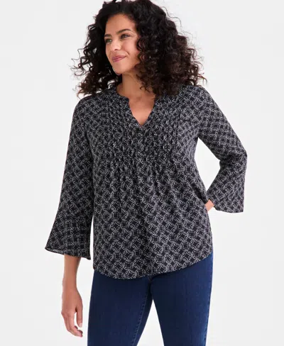 Style & Co Petite Circle-print Split-neck Top, Exclusively At Macy's In Black