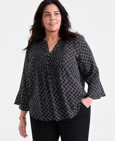Style & Co Plus Size Printed V-neck Ruffle-cuff Blouse, Exclusively At Macy's
