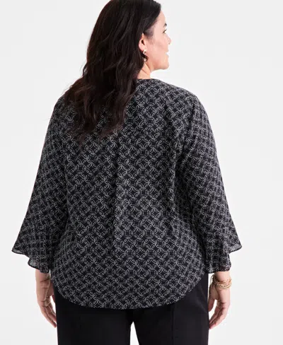 Style & Co Plus Size Printed V-neck Ruffle-cuff Blouse, Exclusively At Macy's