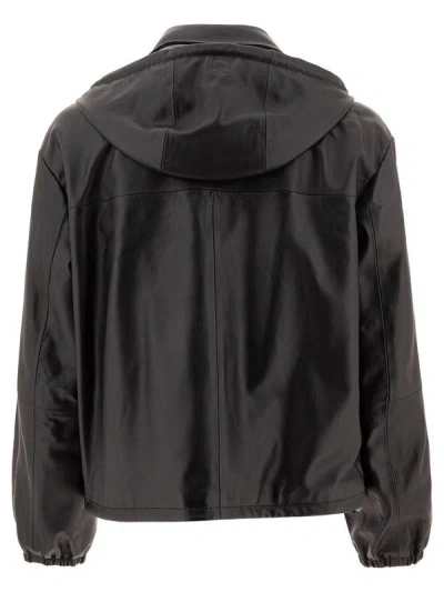 Loewe Hooded Zipped Leather Relaxed Fit Jacket In Black