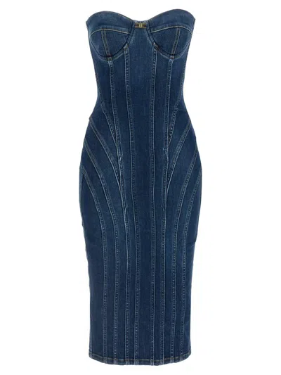 Elisabetta Franchi Denim Corset Dress With Panel Detailing In Blue