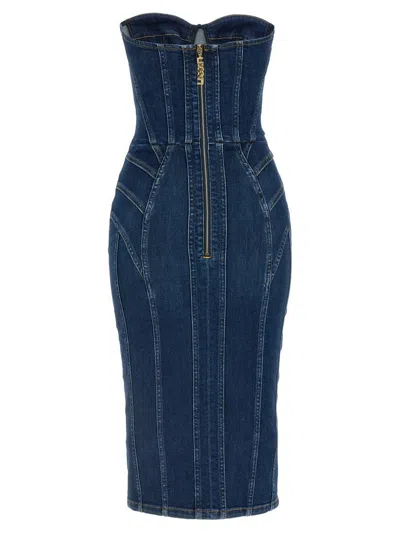 Elisabetta Franchi Denim Corset Dress With Panel Detailing In Blue