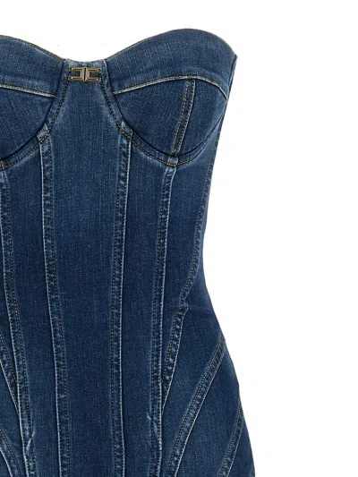 Elisabetta Franchi Denim Corset Dress With Panel Detailing In Blue