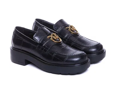 Pinko Black Loafers With Logo Plate In Leather Woman In Black