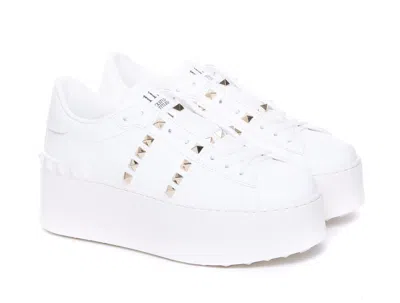 Valentino Garavani Flatform Rockstud Untitled Trainer In Calfskin And Wool Woman White 39 In White