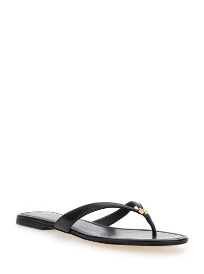 Tory Burch 'classic' Black Flip Flop Sandals With Logo Plaque And Thong Strap In Leather Woman