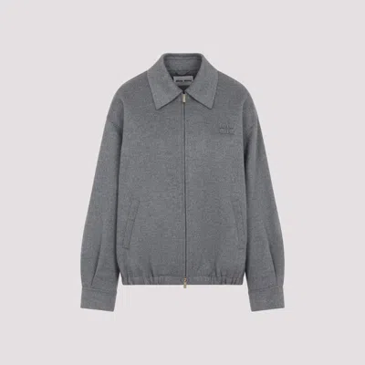 Miu Miu Logo-patch Zip-up Bomber Jacket In Wool In Gray
