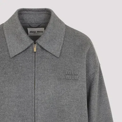 Miu Miu Logo-patch Zip-up Bomber Jacket In Wool In Gray
