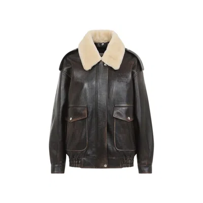 Miu Miu Leather Jacket With Shearling Collar In Brown