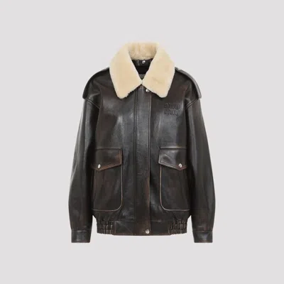 Miu Miu Leather Jacket With Shearling Collar In Brown