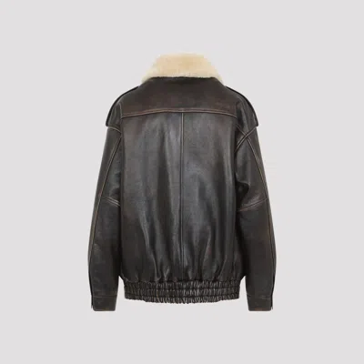 Miu Miu Leather Jacket With Shearling Collar In Brown