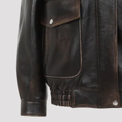 Miu Miu Leather Jacket With Shearling Collar In Brown