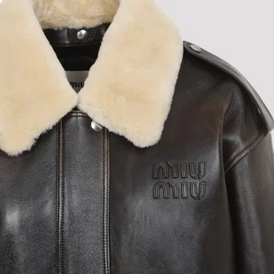 Miu Miu Leather Jacket With Shearling Collar In Brown