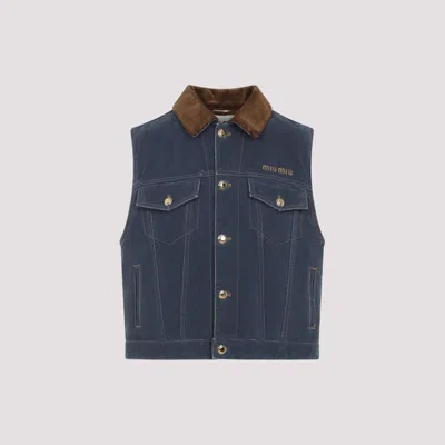 Miu Miu Flap Pocket Denim Jacket With Flock Collar In Blue