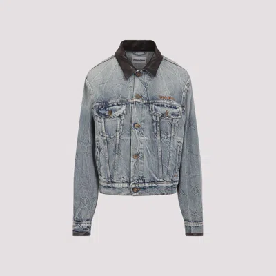 Miu Miu Denim Jacket With Lamb Leather Collar In Blue