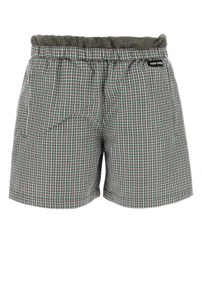 Miu Miu Checkered Pattern Shorts With Embroidered Nylon Blend In Blue