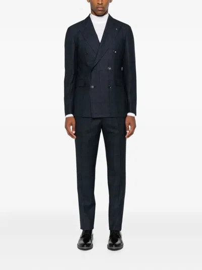 Tagliatore Double-breasted Checked Suit In Blue