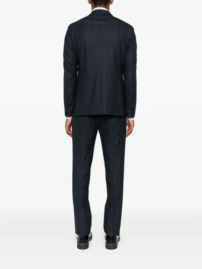 Tagliatore Double-breasted Checked Suit In Blue