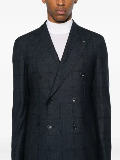 Tagliatore Double-breasted Checked Suit In Blue